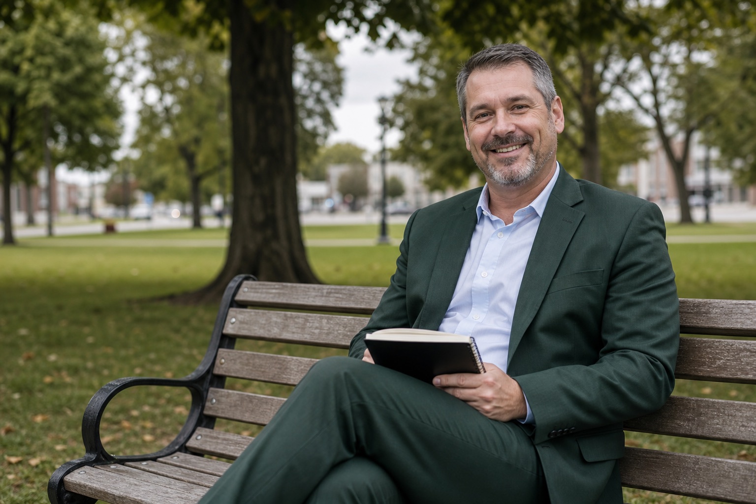 Smiling man in a green suit sitting on a park bench.
